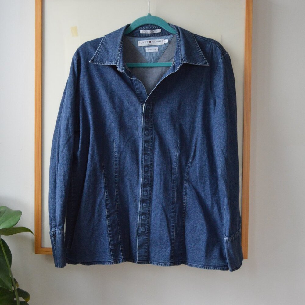 Vintage 1990s Tommy Hilfiger Stretch Denim Button Down with Snap Button Front 14